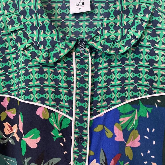 ~ CABI Med Blouse Floral Botanical Top Shirt Flowy Button Up Lightwt Navy Multi - Picture 2 of 15